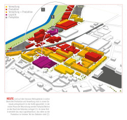 HEUTE sind auf dem Hanauer Werksgelände in vielen Bereichen Produktion und Verwaltung noch in einem Gebäude untergebracht (in der Grafik gepunktet). ln der ersten Phase der Neuordnung werden Parkplatzflächen an den Rand des Geländes verlagert (1). An deren Stelle entsteht das neue Logistikzentrum, das näher an die Produktion im hinteren Teil des Geländes rückt (2) HEUTE sind auf dem Hanauer Werksgelände in vielen Bereichen Produktion und Verwaltung noch in einem Gebäude untergebracht (in der Grafik gepunktet). ln der ersten Phase der Neuordnung werden Parkplatzflächen an den Rand des Geländes verlagert (1). An deren Stelle entsteht das neue Logistikzentrum, das näher an die Produktion im hinteren Teil des Geländes rückt (2)